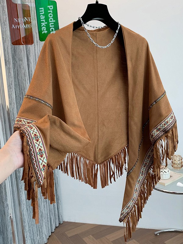 Ethnic Fashion Photography - Large Size Women's Vintage Fringed Shawl